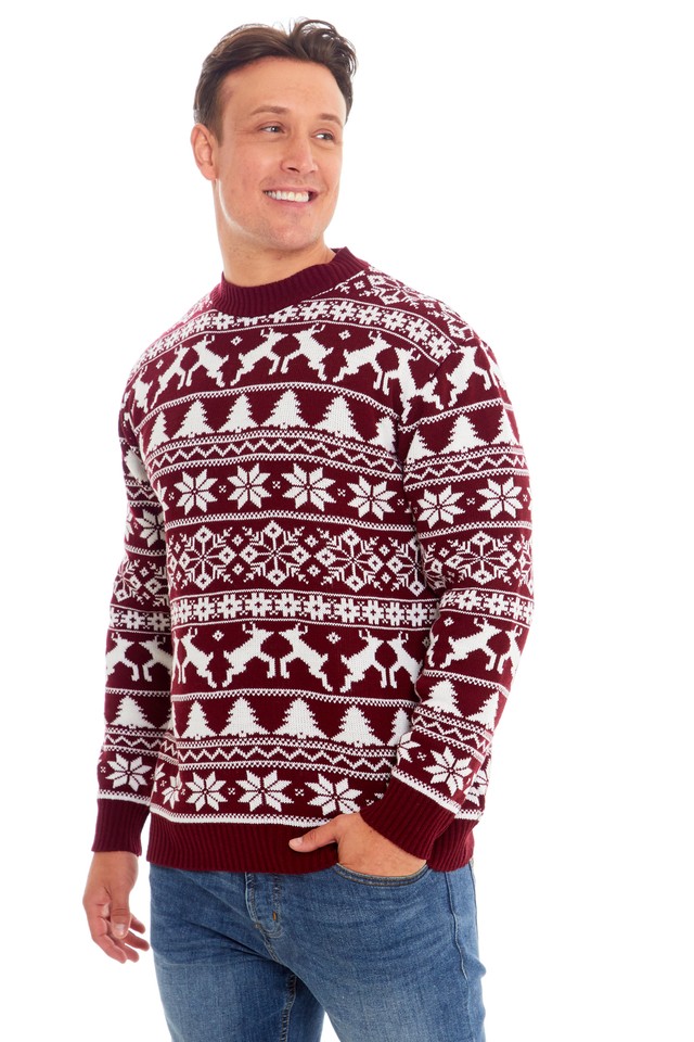 Unisex Retro Christmas Jumper – Fairisle Snowmen Santa Sweater With Glitter Accents