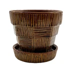 McCoy Art Pottery Brown Basketweave Planter w/ Attached Saucer -  5" Vintage EUC