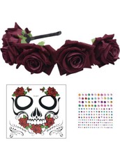 Day of The Dead Headband and Day of The Dead Face Tattoos, Halloween Floral Hea