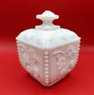 VTG Westmoreland Beaded Milk Glass Paneled Grape Square Lidded Candy Vanity Box