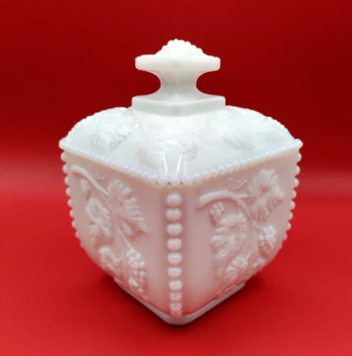 VTG Westmoreland Beaded Milk Glass Paneled Grape Square Lidded Candy Vanity Box