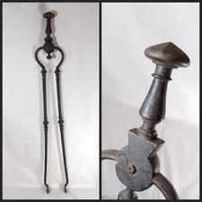 Antique 19th Century Ornate Wrought Iron Fireplace Hearth Tongs, 29"