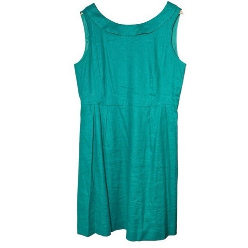 Lands' End Linen Blend Green Sheath Dress Size 16 Pleated Knee Length