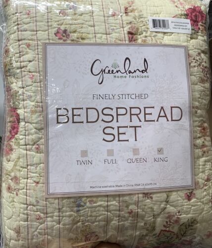 King COZY CHIC COUNTRY ❤️ ANTIQUE ROSE 🌹ECRU YELLOW GOLD FLORAL BEDSPREAD SET