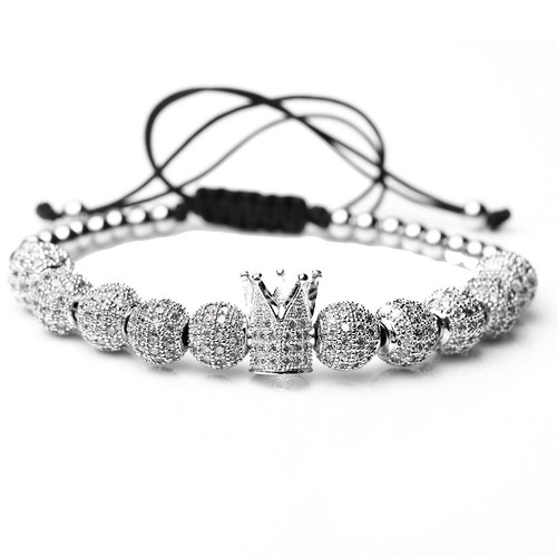 Luxury Silver Micro Pave CZ Ball Crown Bracelet Men's Women Copper Bead Bracelet - Picture 11 of 30