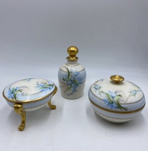 Antique Vanity Set W Pickard A Forget Me Not Blue Flowers Gold Lidded Dishes