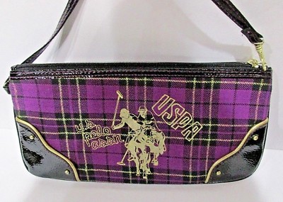 USPA Purple Plaid Canvas Bag Black Patent Trim Gold Printing Polo Logo Clutch
