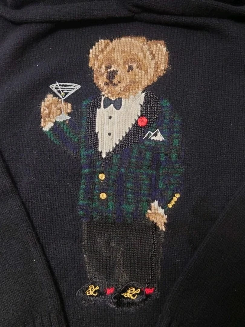 Polo Ralph Lauren Martini Bear Hooded Knit Sweater Black Size Large