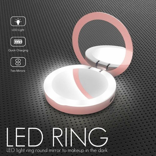 3000mAh Rose Gold Compact Mirror Portable USB Powerbank LED Light for iPhone - Picture 3 of 3