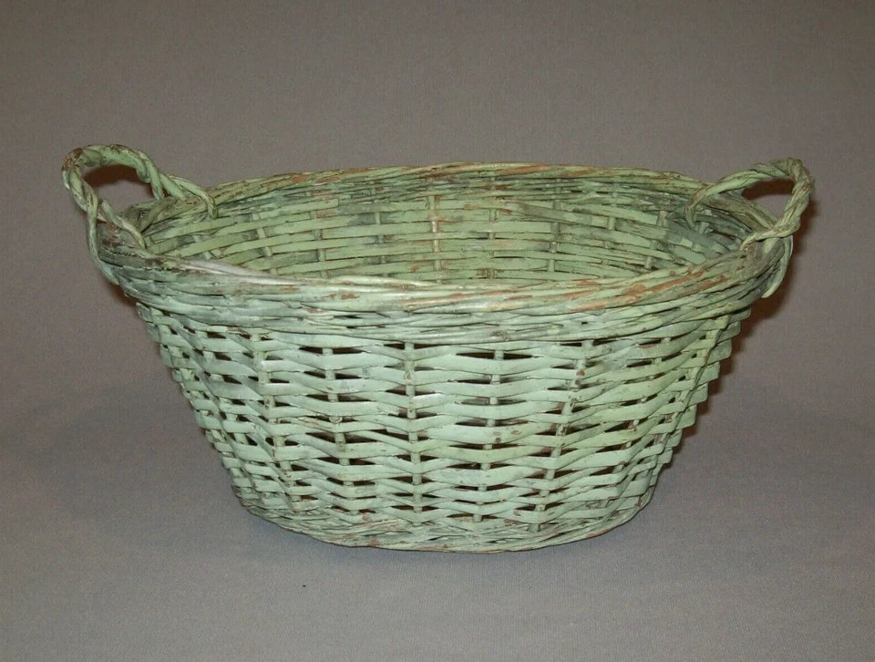 Antigua cesta de lavandería de férula miniatura del siglo XIX de colección pintura verde original Foto 3 de 4