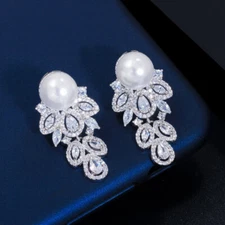 Elegant Silver Plated Cubic Zircon Chandelier Drop Pearl Earrings for Women Gift