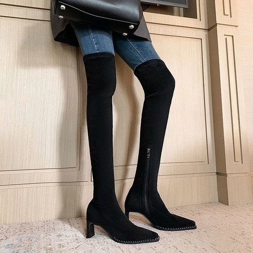 Womens Long Boots Pointed Toe Elastic Boots Slim High Heels Over The Knee Boots