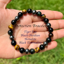 Triple Protection Tiger Eye Bracelet - Black Obsidian Hematite Stretch Beads