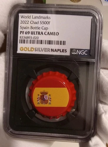 2022 Chad S500F Spain .999 FINE SILVER Bottle Cap NGC PF 69 Ultra Cameo