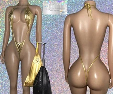 EXOTIC DANCER/ STRIPPER WEAR: GOLD METALLIC BODYSUIT WITH PEARLS & RHINESTONES
