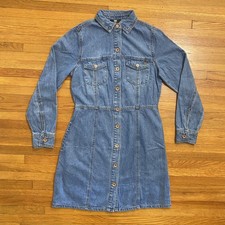 Frye Denim Shirt Dress Womens XS Blue Button Front Long Sleeve Pockets Collared