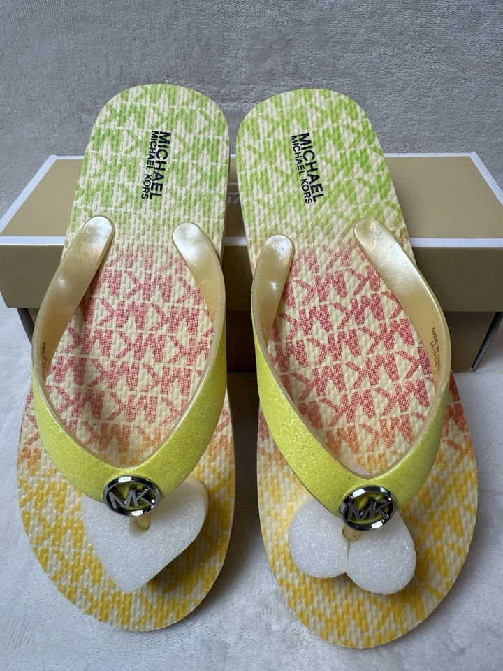 NUEVAS CHANCLAS MICHAEL KORS Mujer Endine Citrus Talla 4 MK, Logotipo a Rayas, Sandalias Foto 2 de 4