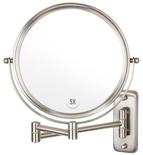 8" Wall Mounted Makeup Mirror, 1X/5X Magnifying, Extendable for Shaving, Nickel