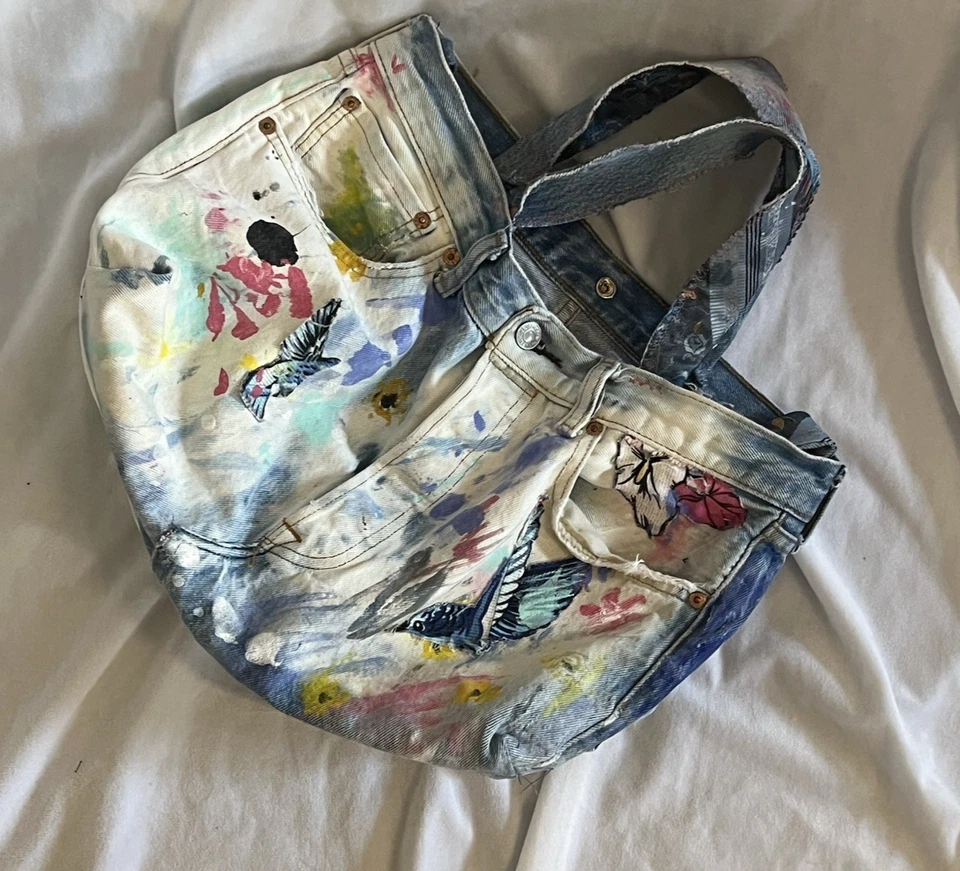 Upcycled Levi's Painted, appliqué, crossbody & top handle tote, purse - Image 4 of 4