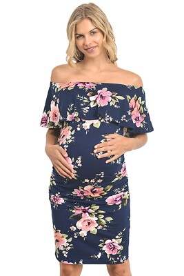 HELLO MIZ Women's Floral Ruffle Off Shoulder Maternity Dress M
