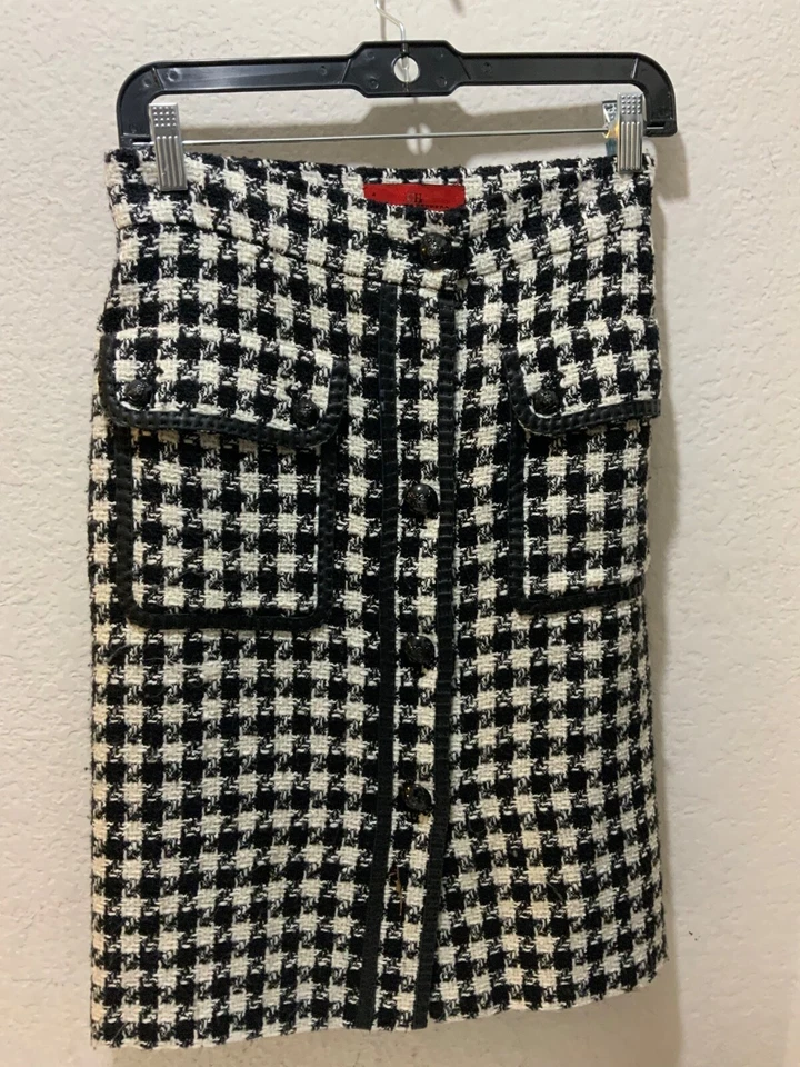 Carolina Herrera CH 4 Falda Tweed Boucle Negro Moveble Lápiz Brillante Mezcla de Lana