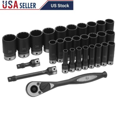 29 Pc Metric Deep Socket Set 12 Pt 1/2 In Drive Quick Release Ratchet Wobble New