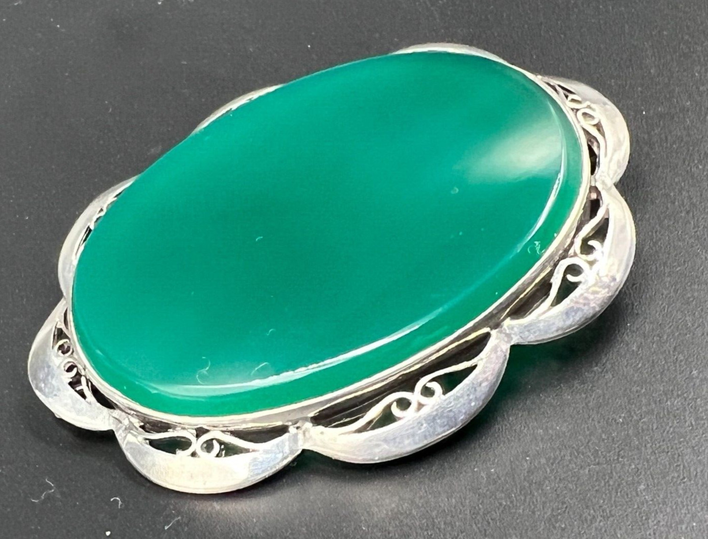 Antique Solid Silver & Chrystoprase Large Brooch … - image 4