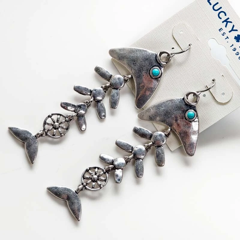 New Lucky Brand Fish Heavy Drop Earrings Gift Retro Women Party Vacation Jewelry - Image 2 of 3