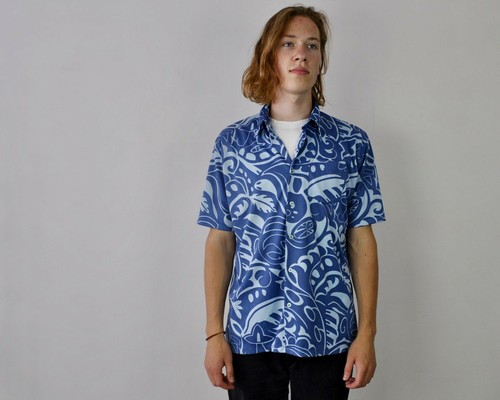 Vintage Hombre XL Camisa Manga Corta Azul Floral Patrón | eBay