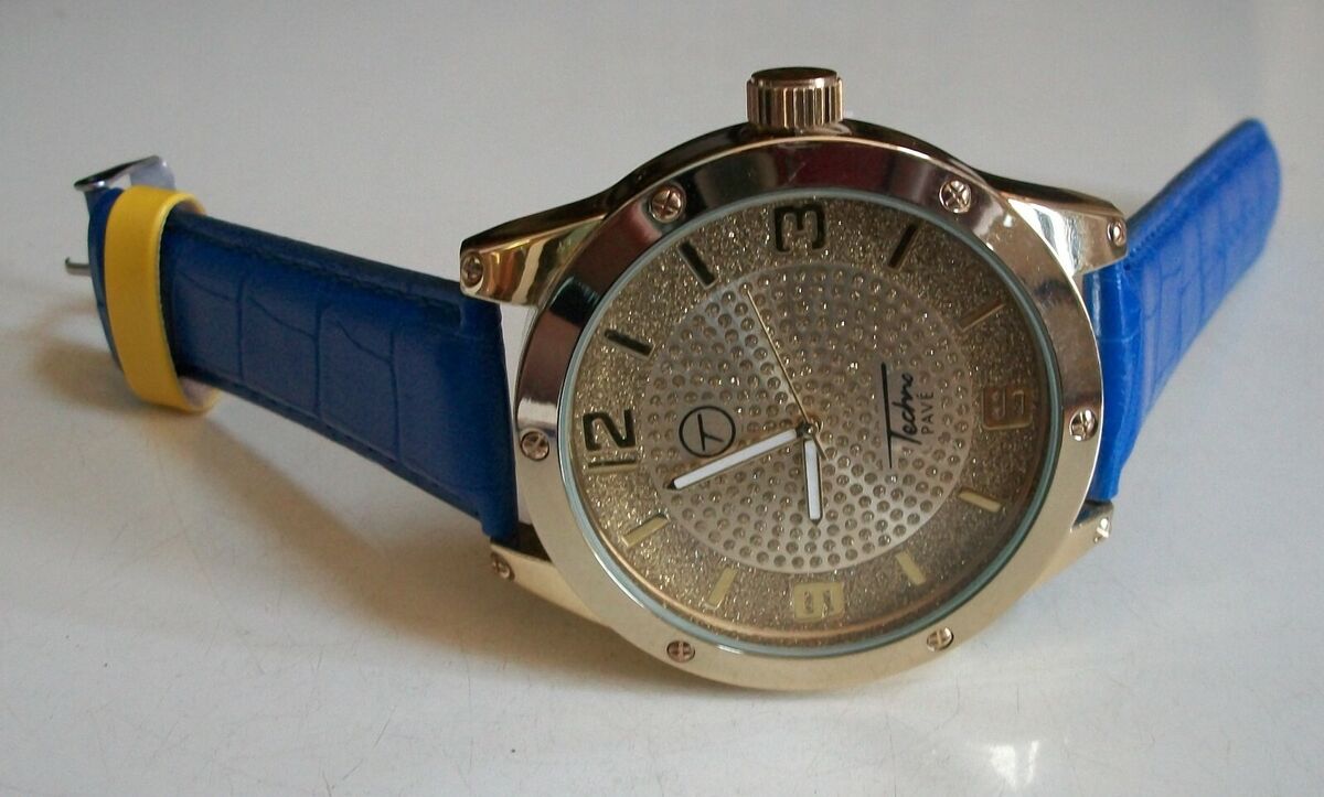 S*様 Glitter 時計 ゴールド/ブラック　グリッター　Hip-hop Men's Gold Finish Glitter Dial Blue Leather Band Dressy Hip Hop