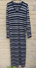 Women's Knitted Long Sleeve Black Beige Striped Maxi Dress Size S