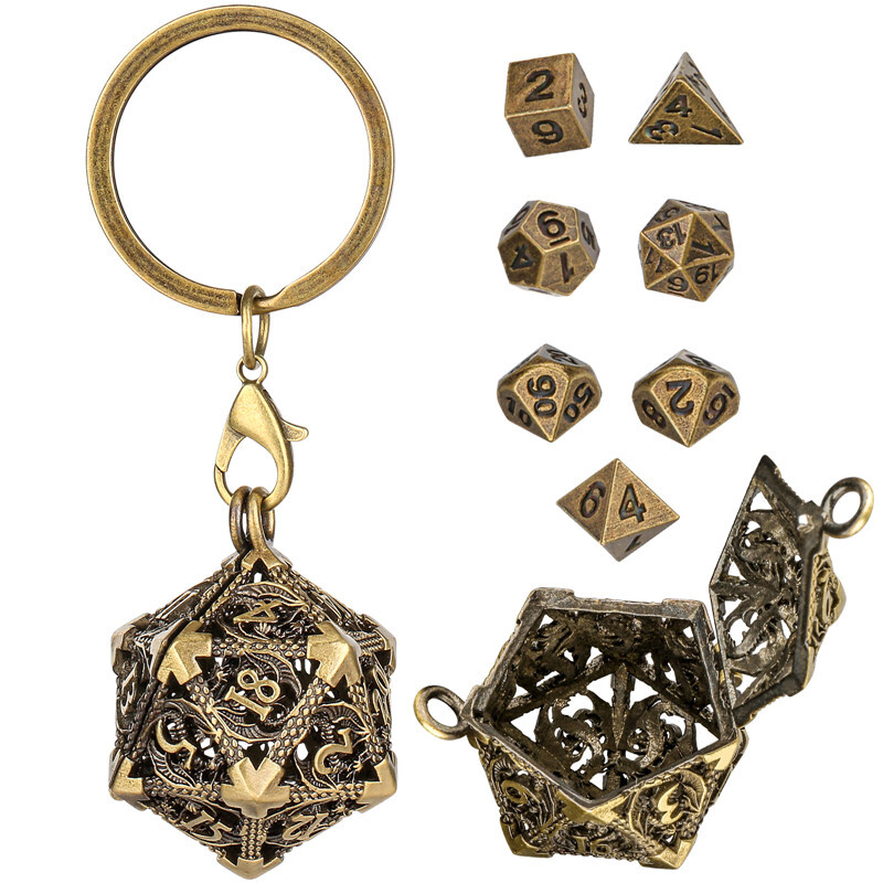 7pcs Mini Dice Set Hollow D20 Keychain Dice Case Antique Tiny