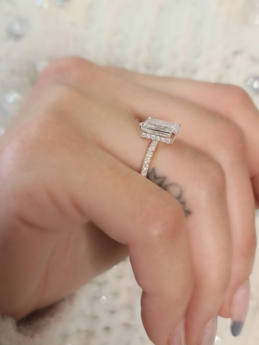 10 x 8 mm Moissanit-Verlobungsring strahlend geschliffen versteckter Heiligenschein 10 K massives Gelbgold - Bild 9 von 16