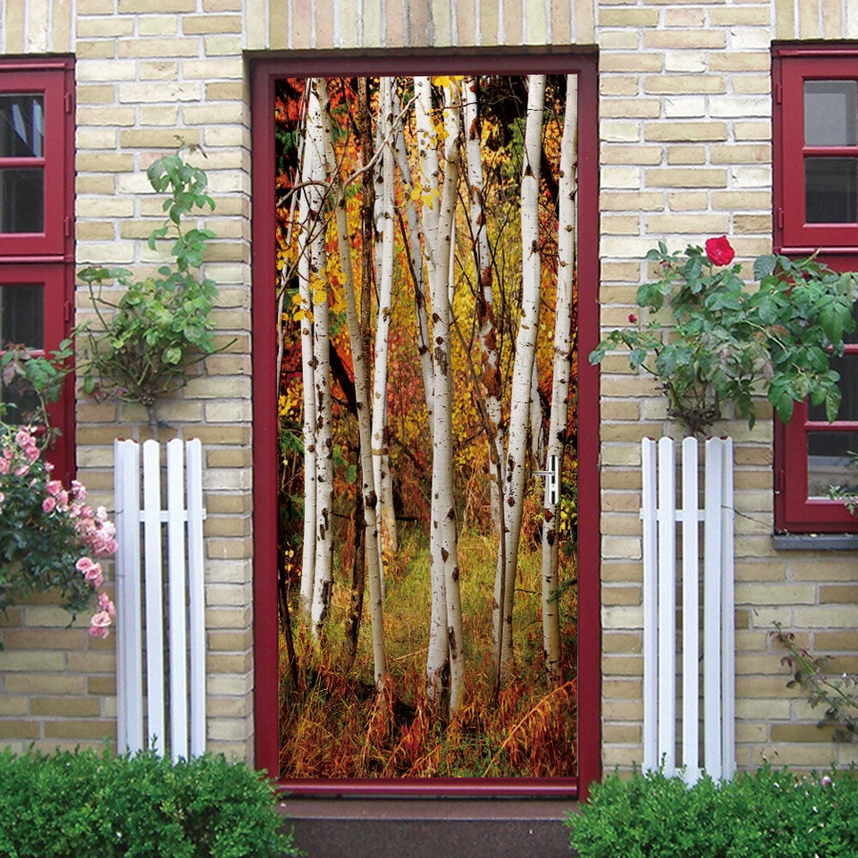 Mural de pared adhesivo para puerta de sala de estar 3D bosque autoadhesivo decoración del hogar Foto 2 de 4
