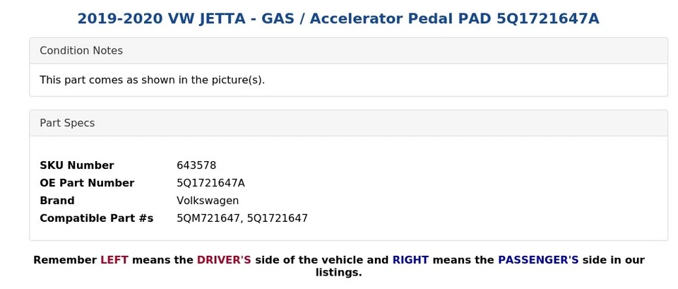 2019-2020 VW JETTA - GAS / Accelerator Pedal PAD 5Q1721647A - Image 3 of 4