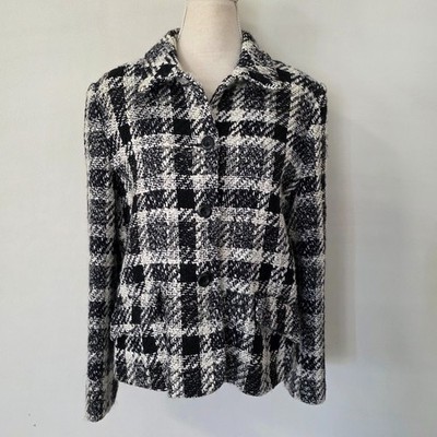 Paz Torras Tweed Jacke schwarz weiß kariert geknöpft gefüttert Blazer Gr....