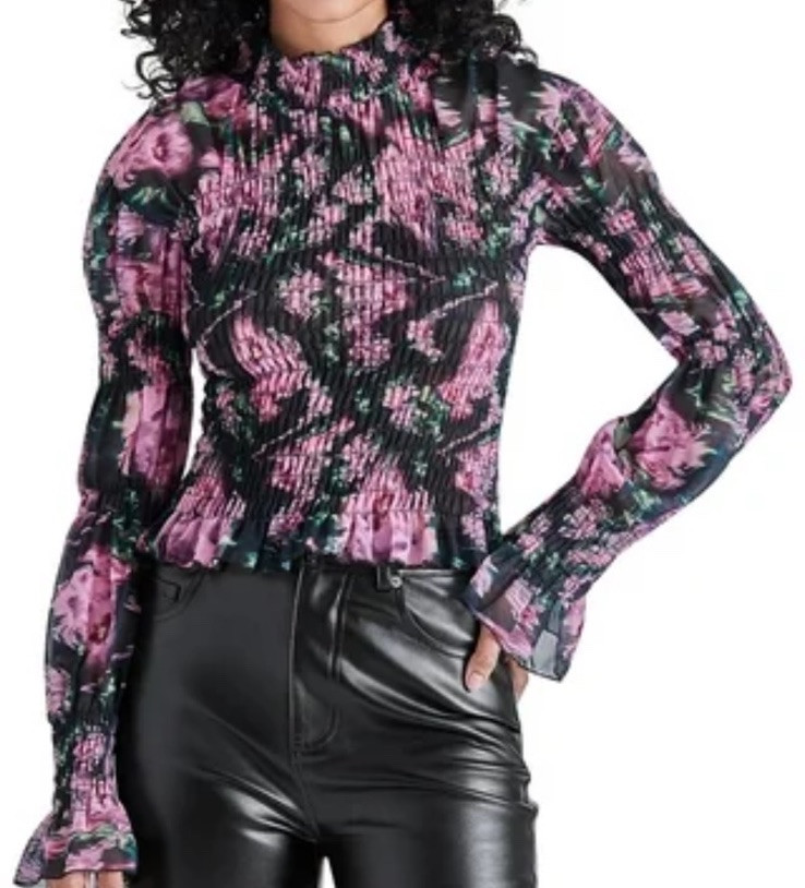 Steve Madden Womens Presley Black Floral Print Chiffon Blouse