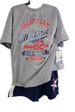 NWT Max  Olivia Boys Top and Longer Length Print Shorts Gray Blue Size L PJ Set