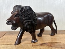 Vintage Large Heavy Hand Carved African Lion Dark Hardwood Figurine 24cm Long