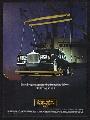 1976 Johnnie Walker Black Label Scotch Rolls Royce Living Up To It Print Ad