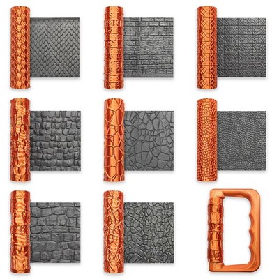 9 Pcs Clay Texture Roller Set with Handle, 8-Pattern 3D-Printed Miniature Ter...