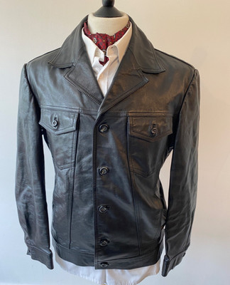 VINTAGE Herren 70er SEAL schwarz Leder schwer geknöpft Trucker Bomber Jacke 40-42''