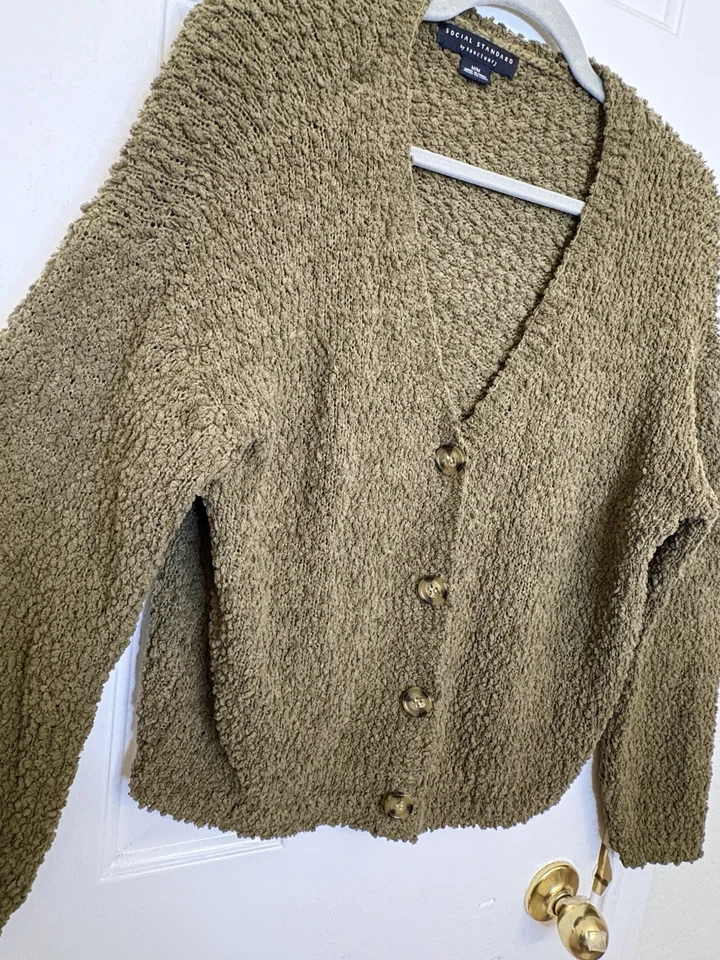 Social Standard by Sanctuary Olive Green Cardigan Sweater M Boucle Cropped Cozy - Image 3 of 4