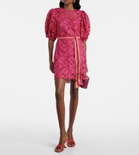 FARM Rio Women’s S Pink Floral Lace Round Neck Puff Sleeve Mini Dress Lined Zip