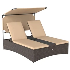 Outdoor Daybed with Adjustable Backrests 2-Person PE Rattan Patio Bed w/ Canopy