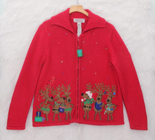 Tiara International Christmas Collection Sz M Red Reindeer Zip Sweater Cardigan