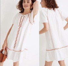 Madewell White Embroidered Linen Blend Raglan Mini Dress M
