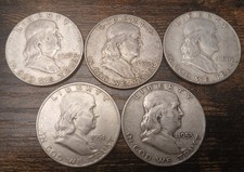 Benjamin Franklin SiIver Half DolIar LOT OF 5 - 90% SiIver