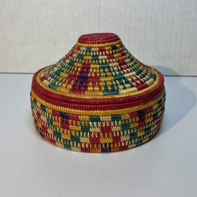 Ethiopian Muday Lidded Basket Handwoven Coiled Colorful Boho Mesob Mini