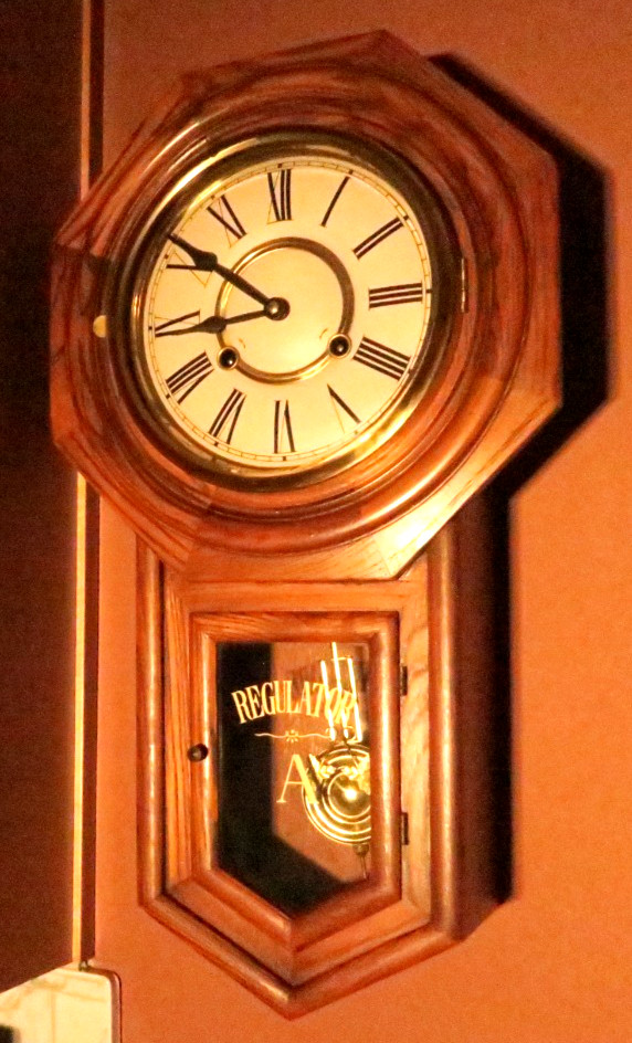 REGULATOR "A" SCHOOL HOUSE WALL OCTAGON CLOCK w/ PENDULUM & KEY 22 1/2" TALL